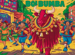 Ilustração colorida representando o Boi Bumba