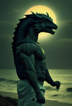 Imagem representando um espécie de monstro com corpo humano em uma cabeça parecida com dragão.