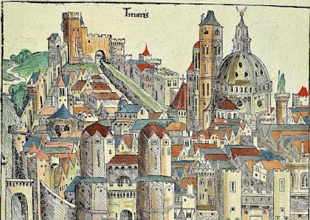 Imagem de uma cidade medieval em desenvolvimento urbano