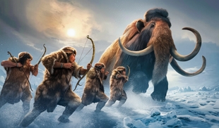 Homens pré-históricos caçando um mamute durante o último período glacial