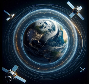 Ilustração mostrando o planeta Terra e satélites em sua órbita