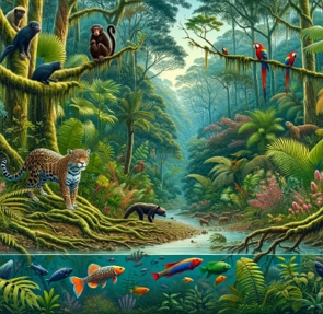 Ilustração mostrando uma floresta tropical com grande quantidade de espécies animais