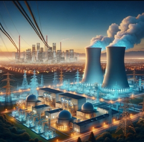 Ilustração mostrando uma usina nuclear gerando energia para uma cidade