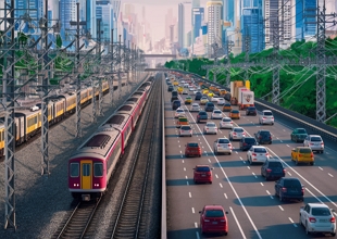 Ilustração mostrando ferrovia com trem; carros numa rodovia e postes de energia elétrica