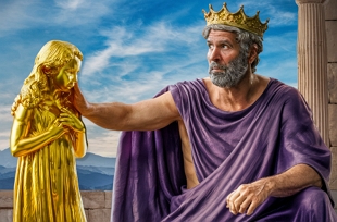 Ilustração mostrando o rei Midas tocando em sua filha e ela se transformando numa estátua de ouro