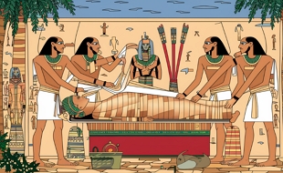 Ilustração mostrando egípcios realizando a mumificação