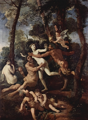 Pintura do século XVII mostrando uma cena do mito grego de Pã e Sirinx