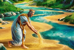 Ilustração mostrando o rei midas transformando a areia das margens de um rio em grãos de ouro