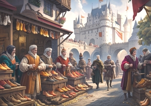 Ilustração mostrando uma feira comercial próxima a um castelo no final da Idade Média