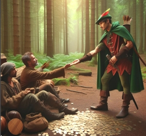 Ilustrando mostrando Robin Hood dando moedas aos pobres numa floresta