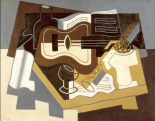 Pintura cubista mostrando um violão e um clarinete