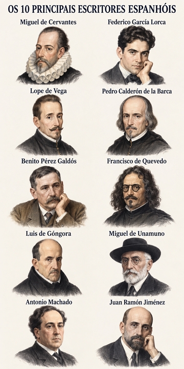 Ilustra&ccedil;&atilde;o com o rosto de 10 importantes escritores espanh&oacute;is