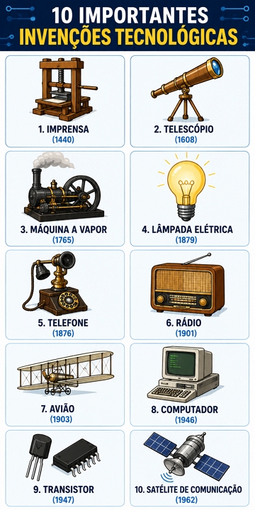 Infogr&aacute;fico com 10 importantes inven&ccedil;&otilde;es tecnol&oacute;gicas da Hist&oacute;ria