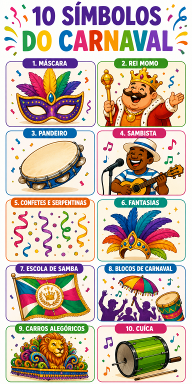 Imagem com dez s&iacute;mbolos do carnaval