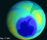 Buraco na camada de ozônio sobre a Antártica em 2001 (Fonte: Nasa)