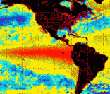 Mapa climático indicando aquecimento nas águas do Pacífico Equatorial