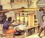 Escravizados de origem africana trabalhando num engenho de açúcar no Brasil Colonial