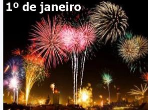 Imagem com fotos de artifício e o texto 1º de janeiro