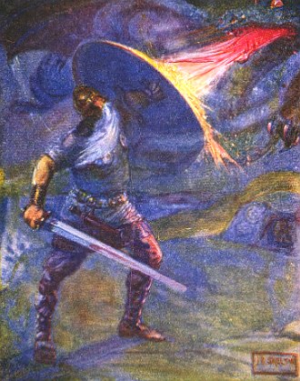 O Her&oacute;i Beowulf com seu escudo e espada enfrentando o drag&atilde;o.