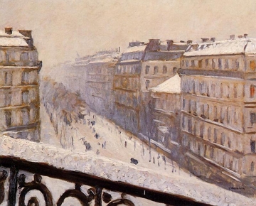 Pintura mostrando uma rua com pr&eacute;dios num dia de neve