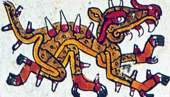 Pintura mostrando a criatura Cipactli, esp&eacute;cie de monstro da mitologia asteca