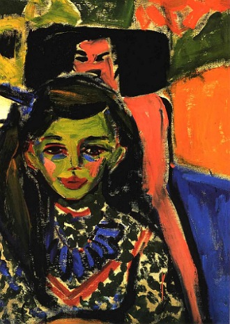Pintura mostrando uma mulher e atr&aacute;s dela um homem de chap&eacute;u.