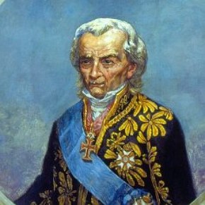 Pintura colorica de um homem branco e idoso de cabelos brancos usando uma roupa de nobre