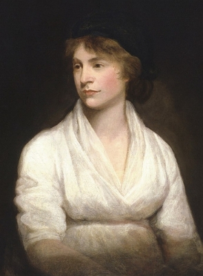 Pintura de uma mulher branca de cabelos castanhos claros com aproximadamente 30 anos, usando uma camisa branca