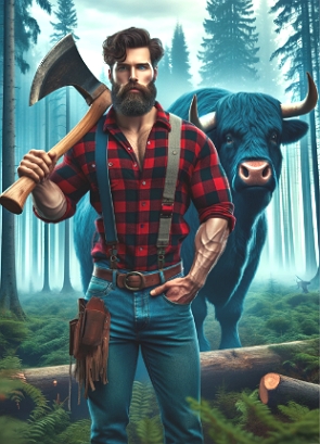 Ilustra&ccedil;&atilde;o de um lenhador com seu machado e atr&aacute;s um boi azul