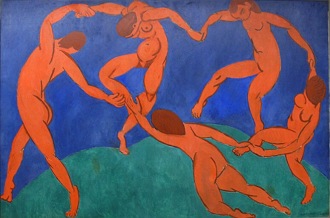 Pintura de pessoas dançando formando uma roda. As pessoas foram pintadas em vermelho e o fundo em azul.