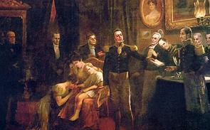 Pintura mostrando Dom Pedro I entreganda a carta de abdicação ao trono