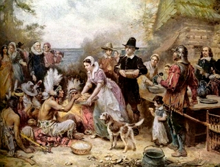 Pintura de uma cena antiga da Ação de Graças nos Estados Unidos, mostrando colonos dando alimentos para indígenas.