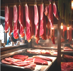 Foto de uj açougue mostrando cortes de carne bovina