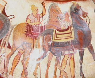 Afresco grego mostrando homens e cavalos