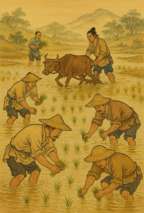 Ilustra&ccedil;&atilde;o mostrando camponeses trabalhando no cultivo de arroz na China Antiga
