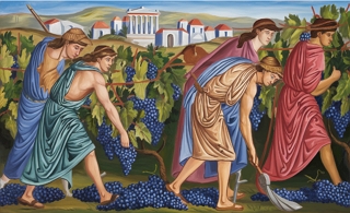 Ilustra&ccedil;&atilde;o mostrando camponeses gregos trabalhando na colheita de uvas.