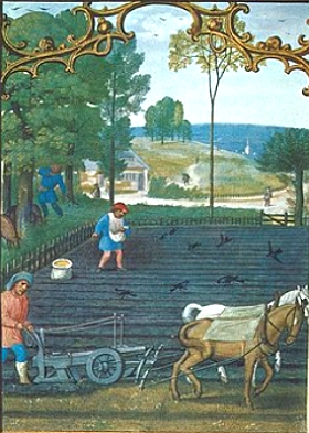 Pintura medieval mostrando camponeses usando arado puxado por cavalos na agricultura