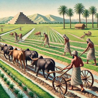 Figura ilustrativa de agricultores da Mesopot&acirc;mia cultivando a terra, usando arado puxado por bois.