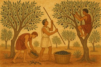 Ilustra&ccedil;&atilde;o mostrando agricultores romanos trabalhando na colheira de azeitonas