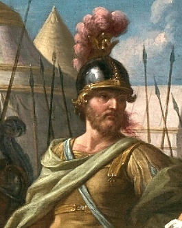 Ajax numa pintura, homem jovem branco, com capacete, barba castanha