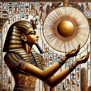 Ilustra&ccedil;&atilde;o do fara&oacute; Akhenaton reverenciando Aton, o disco Solar