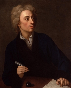 Retrato pintado de Alexander Pope, homem branco, de meia idade, com cabelos castanhos claros, com uma pena na mão e um papel na mesa