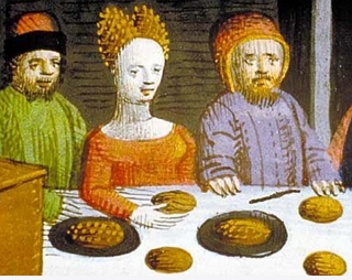Pintura mostrando camponeses sentados numa mesa com p&atilde;es.