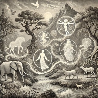Ilustra&ccedil;&atilde;o simbolizando caracter&iacute;sticas do animismo como a conex&atilde;o de animais, seres humanos e elementos da natureza