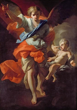Pintura mostrando um anjo e uma crian&ccedil;a