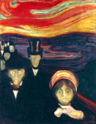 Pintura mostrando pessoas com faces demostrando ansiedade e ang&uacute;stia