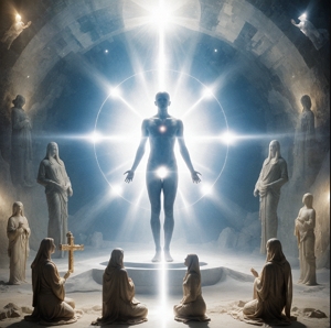 Imagem representando o antropocentrismo com uma figura humana no centro, cercada de imagens representando a religi&atilde;o em tamanho menor e ao redor.