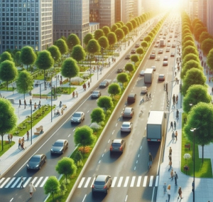 Ilustra&ccedil;&atilde;o mostrando uma avenida com muitas &aacute;rvores plantadas nas cal&ccedil;adas