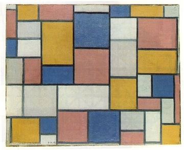 &Aacute;reas de cores brilhantes com contornos cinza, obra de Piet Mondrian