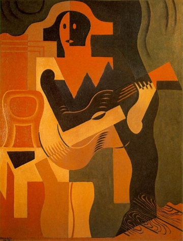 Pintura abstrata de um homem sentado com um viol&atilde;o. As cores da pintura s&atilde;o laranja, amarelo e marrom.